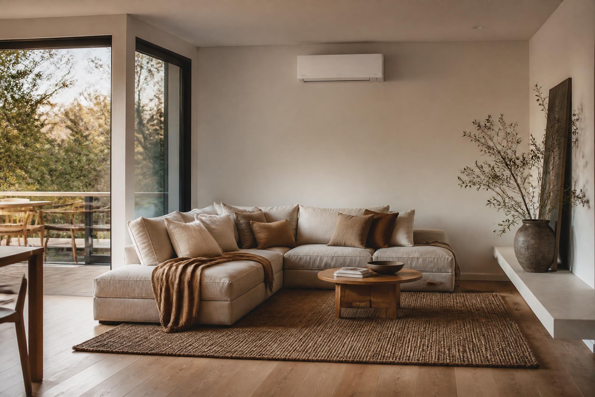 Minimalist living room with a discreet reverse-cycle unit above the window