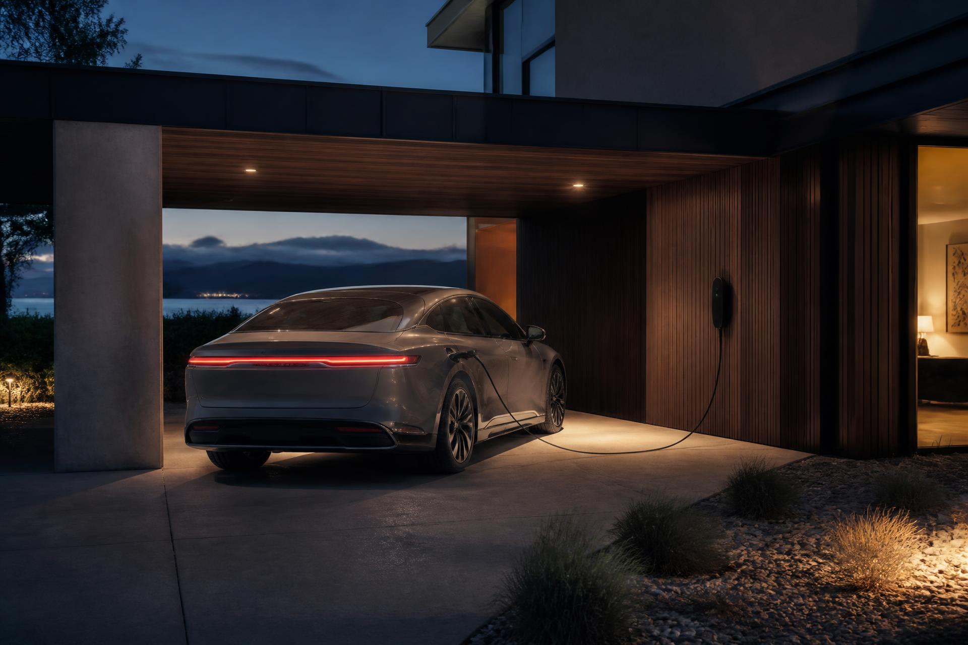 Electric vehicle charging from a wall-mounted home charger at dusk
