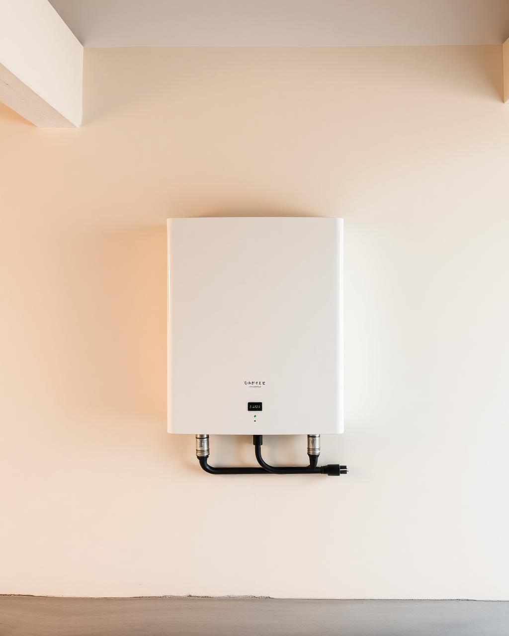 Home battery unit mounted on a clean garage wall