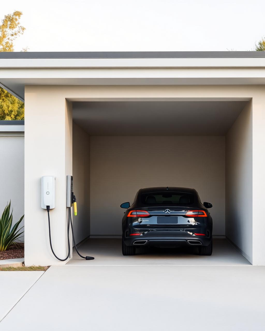Electric vehicle charging from a wall-mounted charger in a modern carport