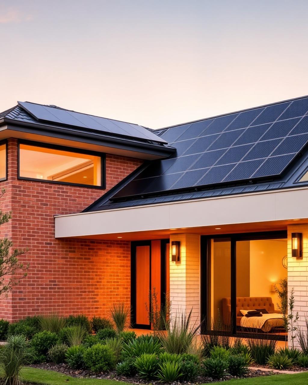 Modern Melbourne home with black solar panels at golden hour