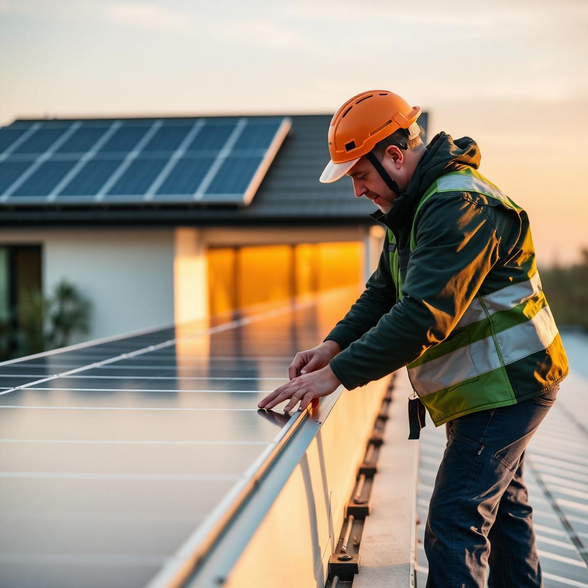 Accredited installer aligning solar panels on a Melbourne rooftop at golden hour